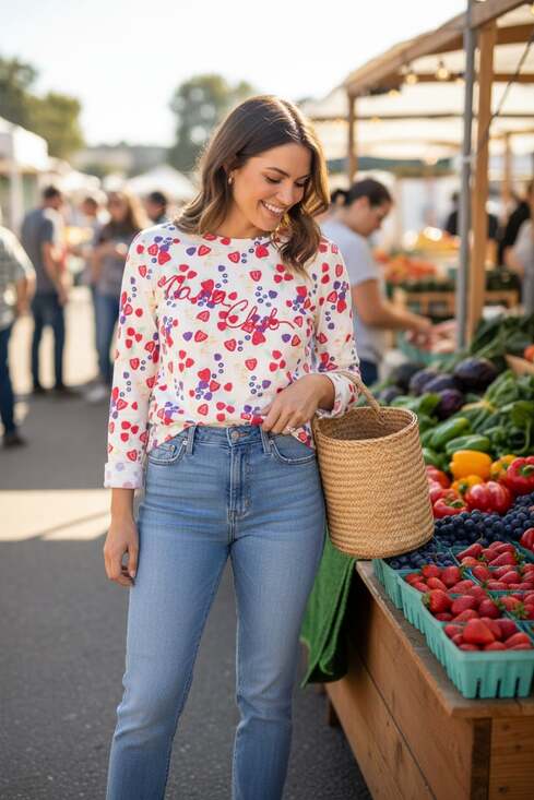 Feeling Festive Fruit Club Long Sleeve Graphic Tee Size L Cream Berry Print - Picture 2 of 2